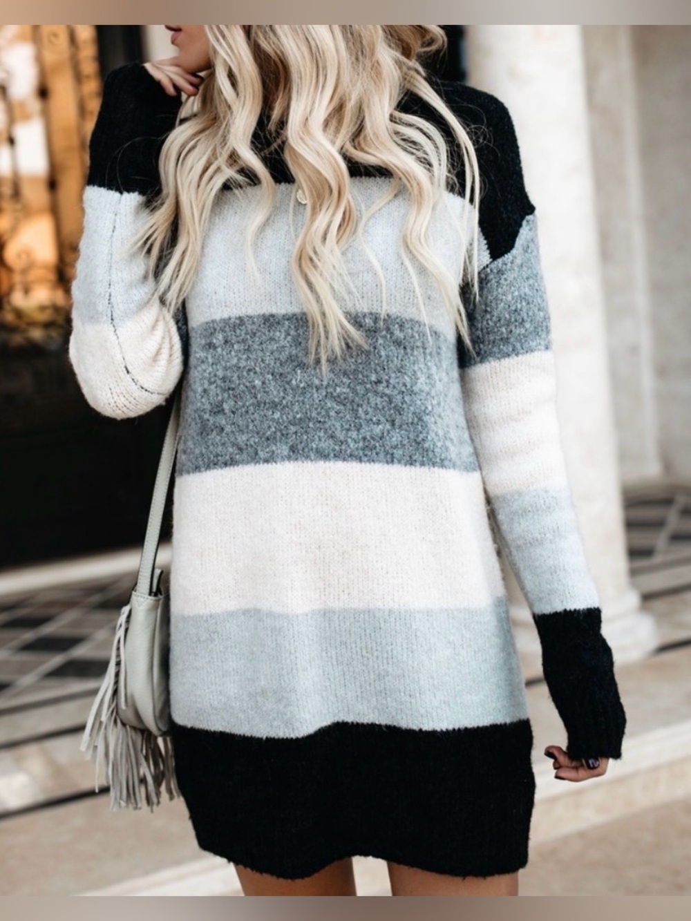 Vici Black, Gray & Cream Striped Cowl Sweater Dress